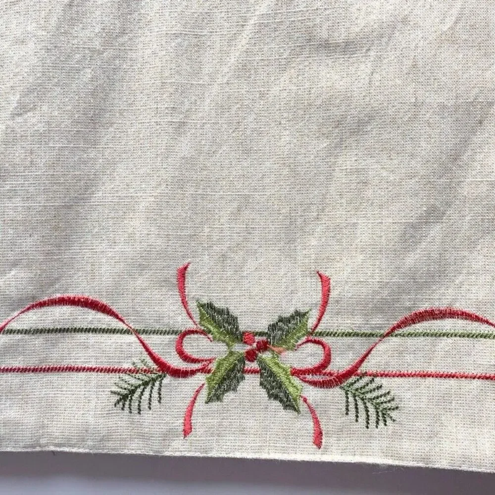 Christmas Embroidered Table Runner Ornament Holly Gold Red Green 72x14 Holiday